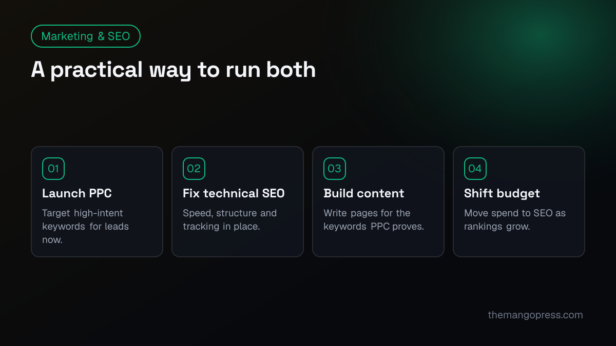Four-step plan: launch PPC, fix technical SEO, build content, then shift budget to SEO